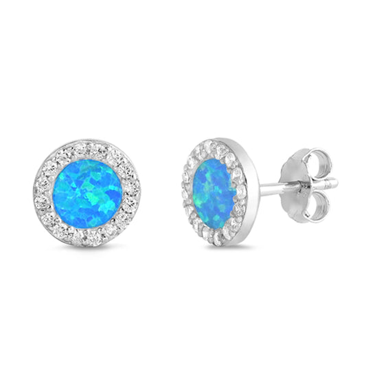 Sterling Silver Circle Halo Eternity Earrings Blue Synthetic Opal Clear CZ 925