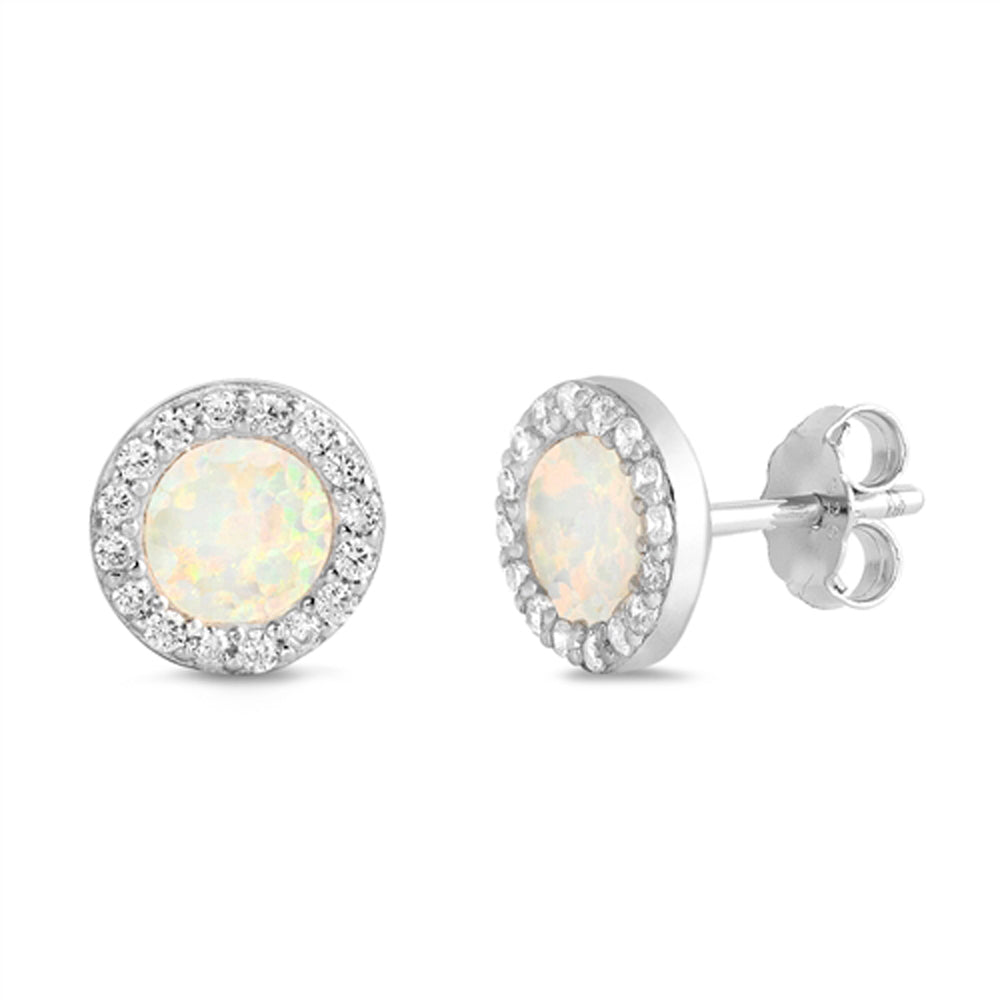 Sterling Silver Circle Halo Forever Earrings White Synthetic Opal Clear CZ 925