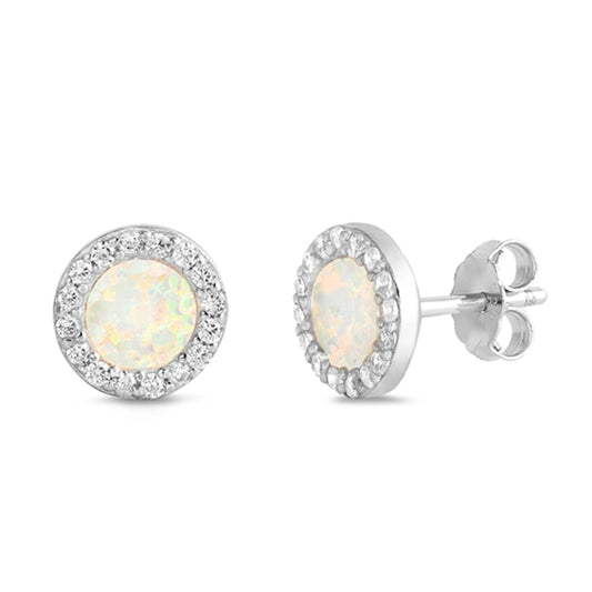 Sterling Silver Circle Halo Forever Earrings White Synthetic Opal Clear CZ 925