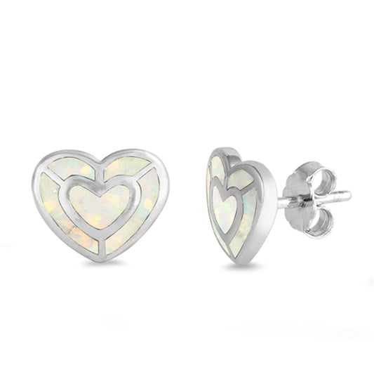 Sterling Silver Heart Mosaic High Polish Love Earrings White Synthetic Opal 925