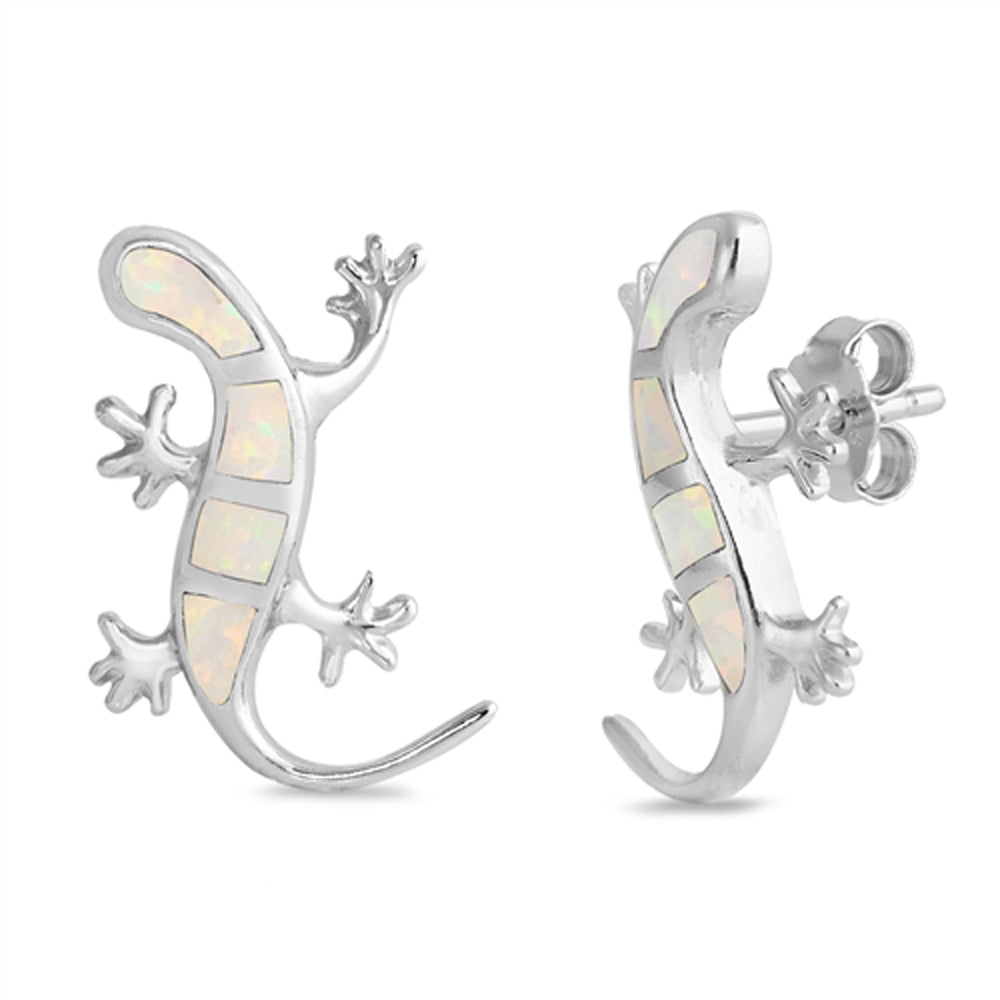 Sterling Silver Mosaic Lizard Animal Reptile Earrings White Synthetic Opal 925