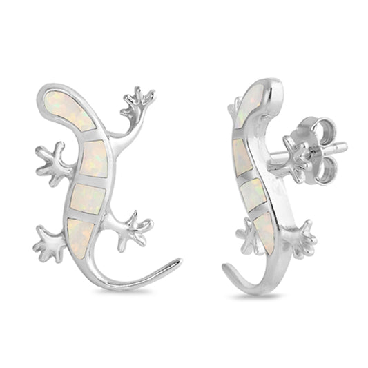 Sterling Silver Mosaic Lizard Animal Reptile Earrings White Synthetic Opal 925