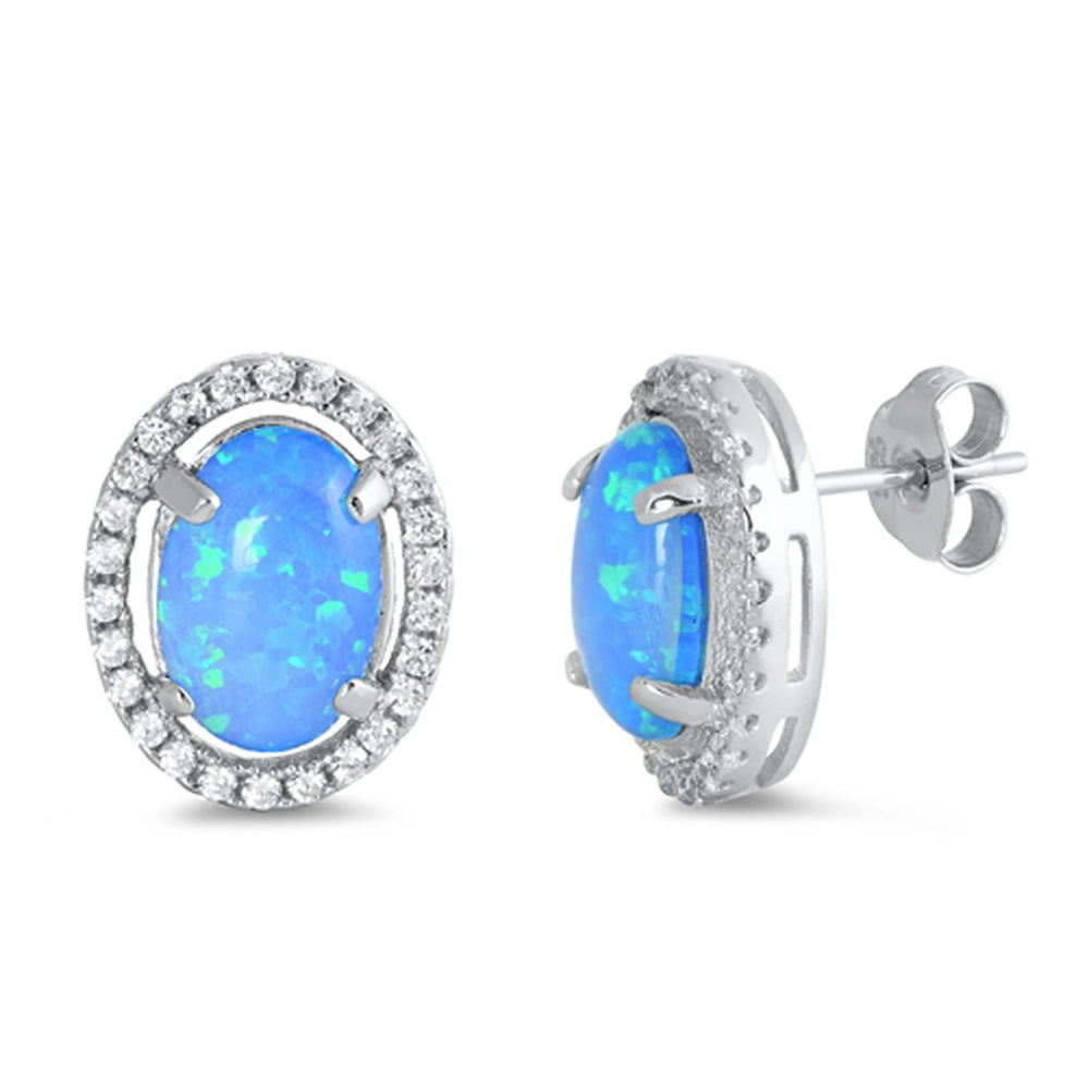 Sterling Silver Elegant Oval Cluster Halo Eternity Earrings Blue Synthetic Opal
