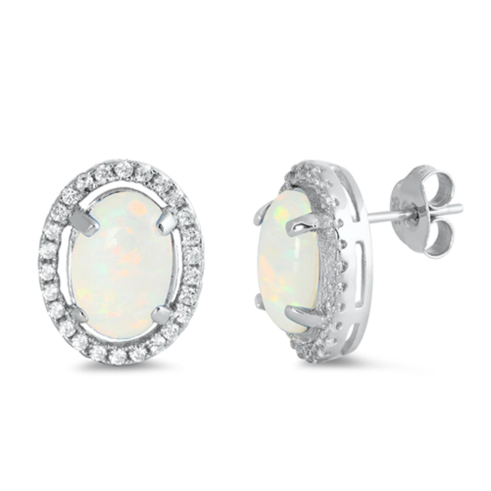Sterling Silver Modern Oval Halo Elegant Cluster Earrings White Synthetic Opal