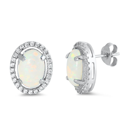 Sterling Silver Modern Oval Halo Elegant Cluster Earrings White Synthetic Opal