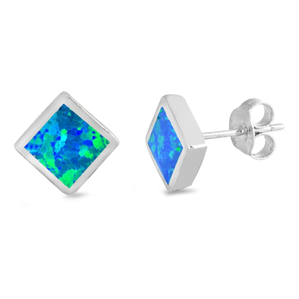 Sterling Silver Elegant Square Simple Classic Earrings Blue Synthetic Opal 925