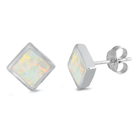 Sterling Silver Classic Square High Polish Simple Earrings White Synthetic Opal