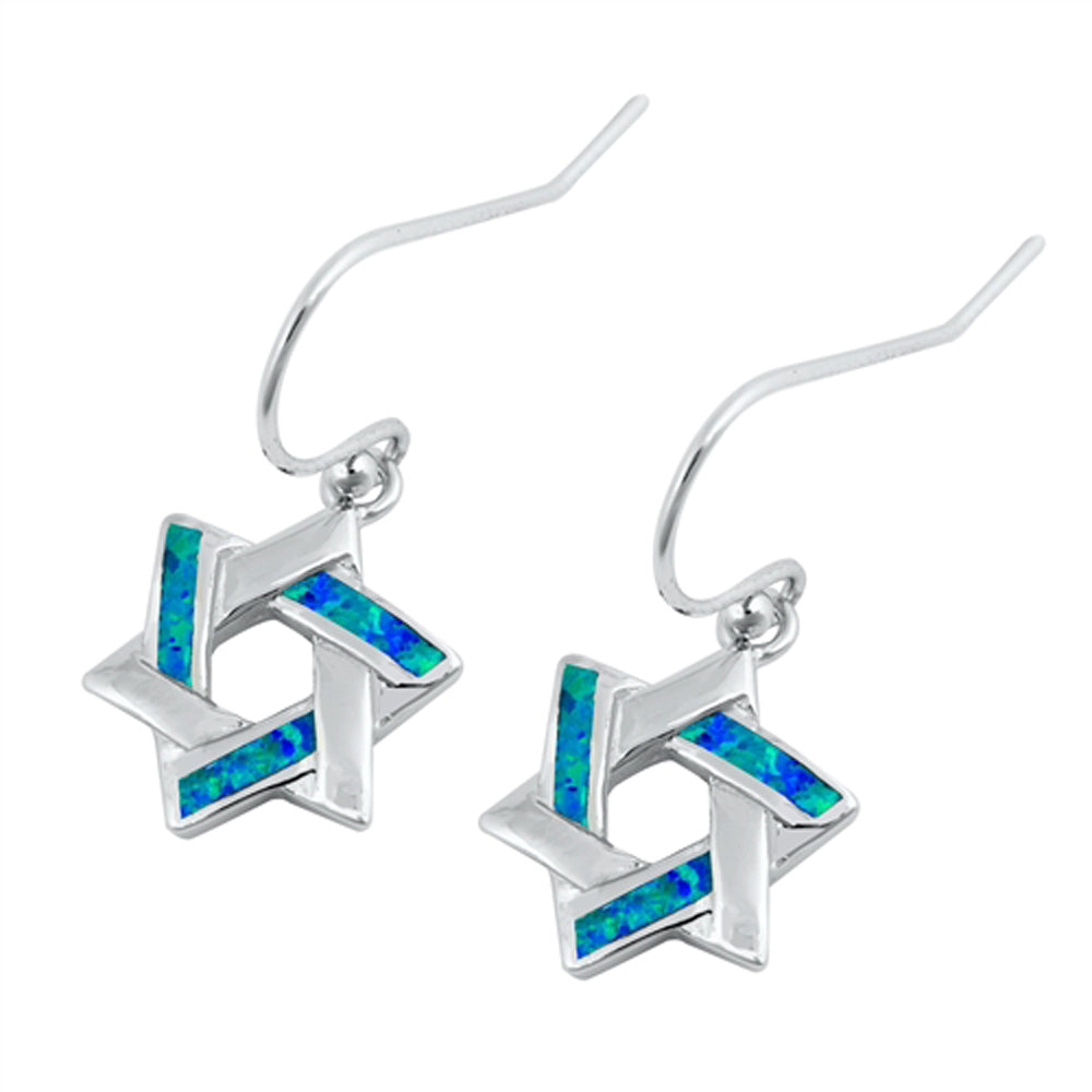 Sterling Silver Star of David Mosaic High Polish Earrings Blue Synthetic Opal