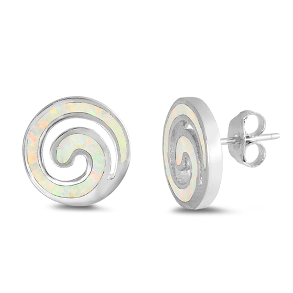 Sterling Silver Classic Spiral Swirl Circle Modern Earrings White Synthetic Opal