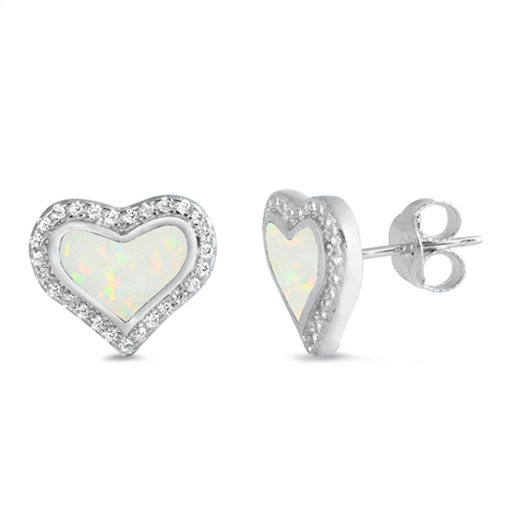 Sterling Silver Elegant Heart Love Halo Earrings White Synthetic Opal Clear CZ