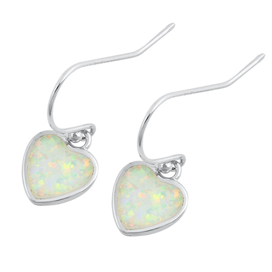 Sterling Silver Dangling Heart Love Elegant Earrings White Synthetic Opal 925