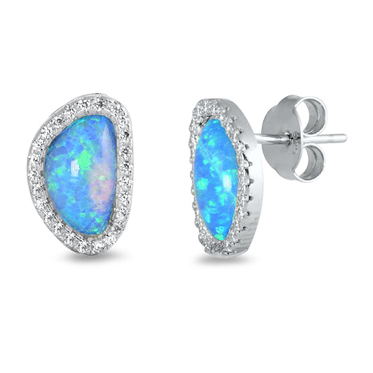 Sterling Silver Oval Halo Studded Earrings White Synthetic Opal Clear CZ 925 New