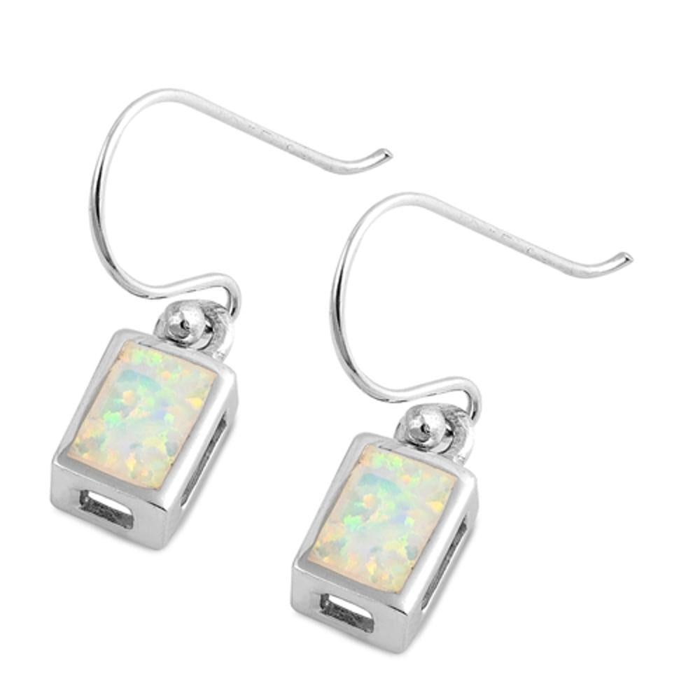 Sterling Silver Unique White Synthetic Opal Rectangular Hook Earrings .925 New