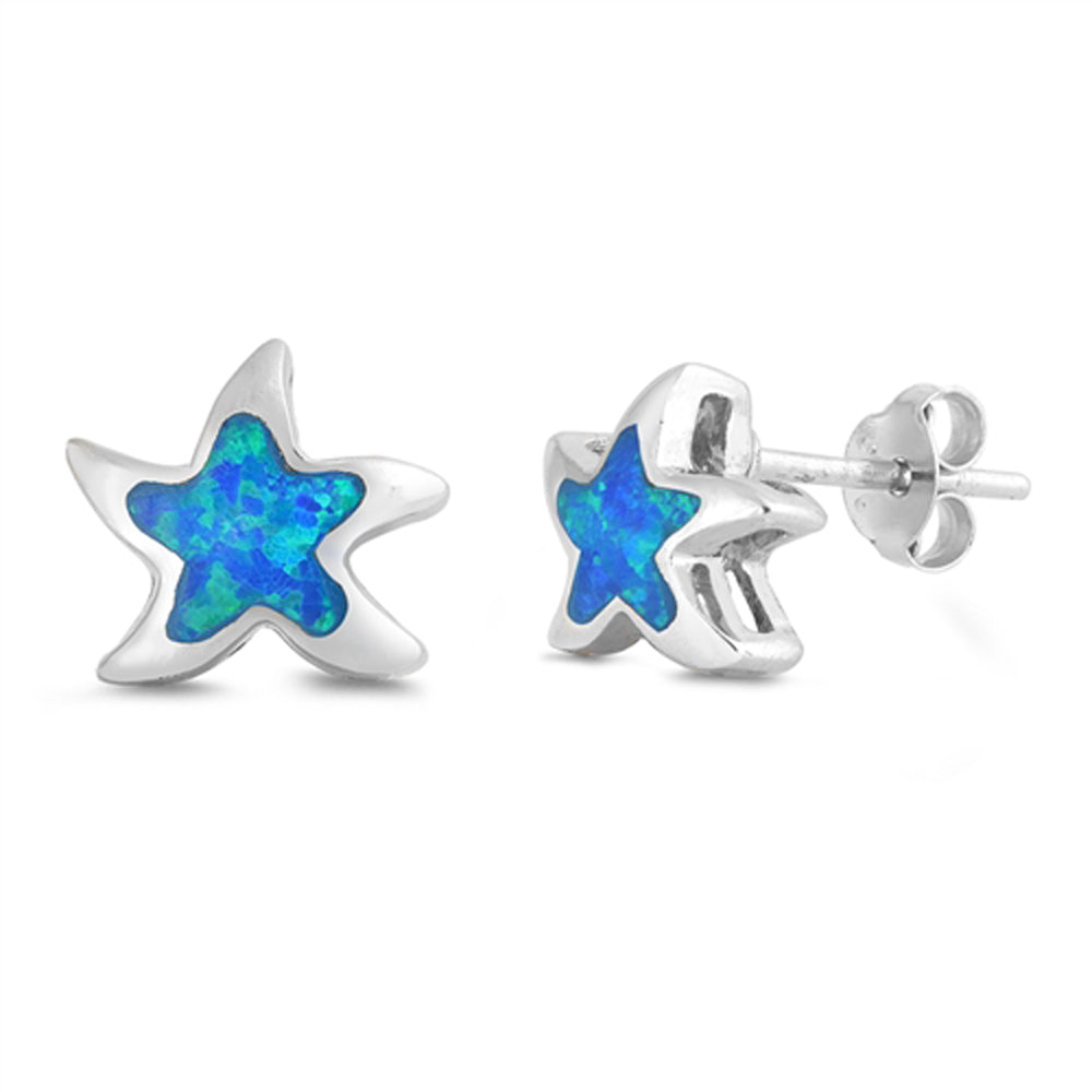 Sterling Silver Cute Star Starfish Ocean Seashell Blue Synthetic Opal Earrings