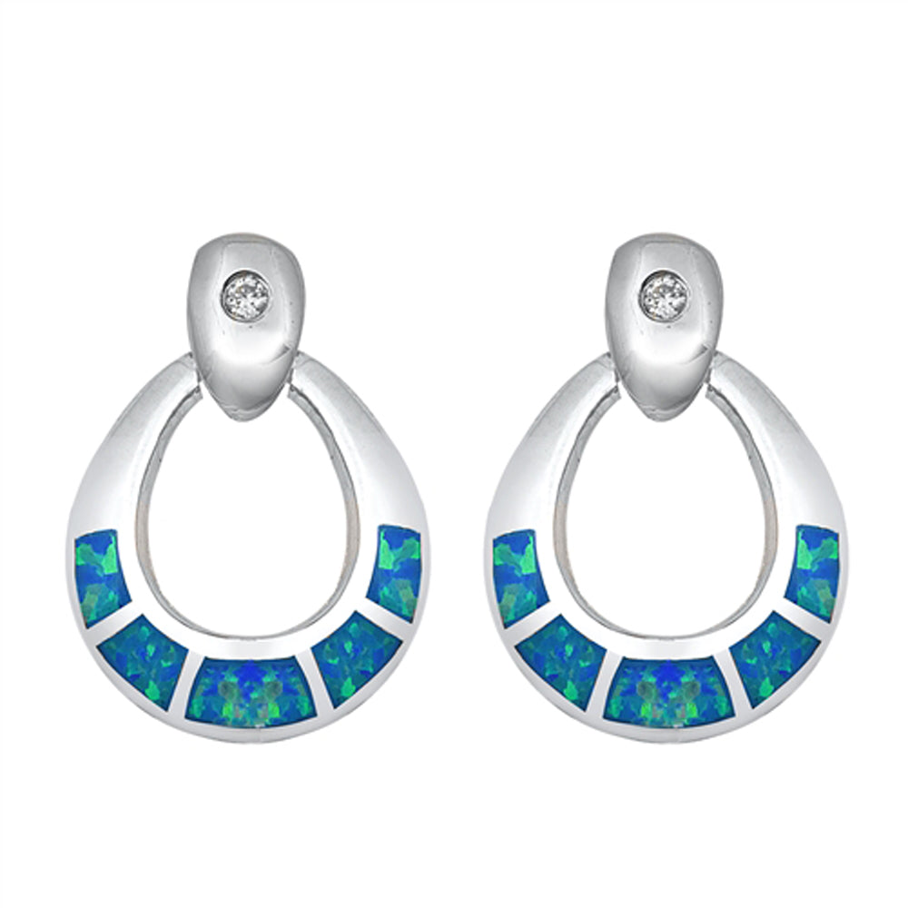 Sterling Silver Elegant Mosaic Classic Earrings Blue Synthetic Opal Clear CZ 925