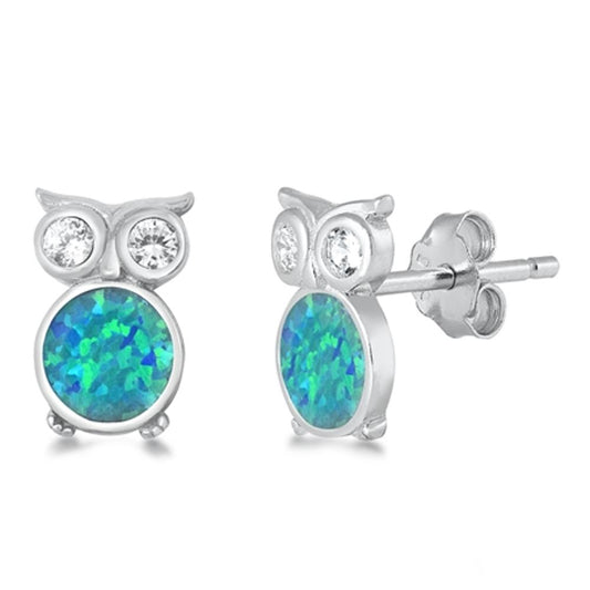Sterling Silver Elegant Owl Cute Animal Bird Earrings Blue Synthetic Opal 925