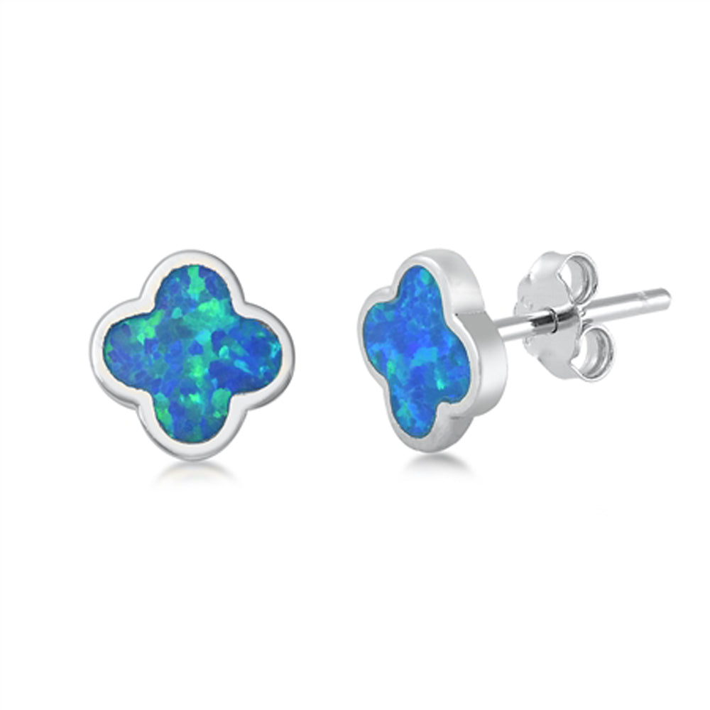 Sterling Silver Classic Quatrefoil Flower Simple Earrings Blue Synthetic Opal