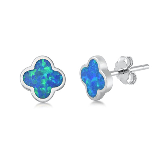 Sterling Silver Classic Quatrefoil Flower Simple Earrings Blue Synthetic Opal