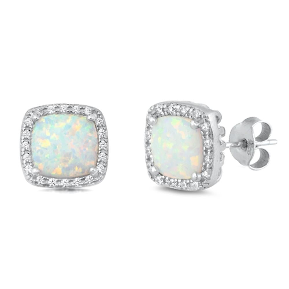 Sterling Silver Square White Opal Clear CZ Stud High Polished Earrings 925 New