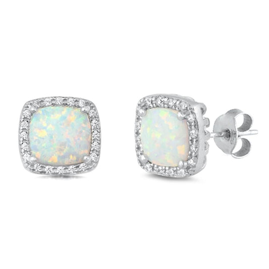 Sterling Silver Square White Opal Clear CZ Stud High Polished Earrings 925 New