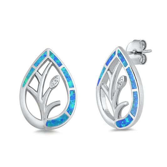 Sterling Silver Mosaic Leaf Branch Tree Teardrop Earrings Blue Synthetic Opal