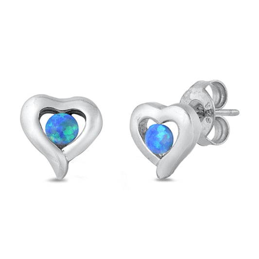 Sterling Silver Cute Heart Puffy Simple Traditional Earrings Blue Synthetic Opal