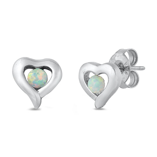 Sterling Silver Classic Heart High Polish Simple Earrings White Synthetic Opal