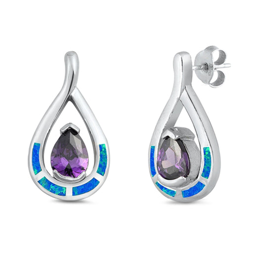 Sterling Silver Unique Teardrop Mosaic Colorful Earrings Blue Synthetic Opal