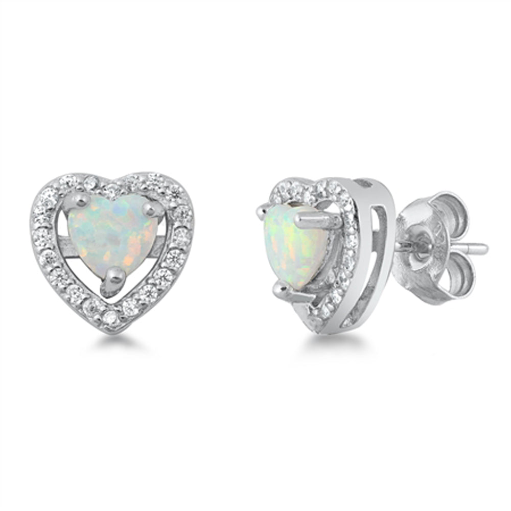 Sterling Silver Halo Heart Eternity Forever Love Earrings White Synthetic Opal