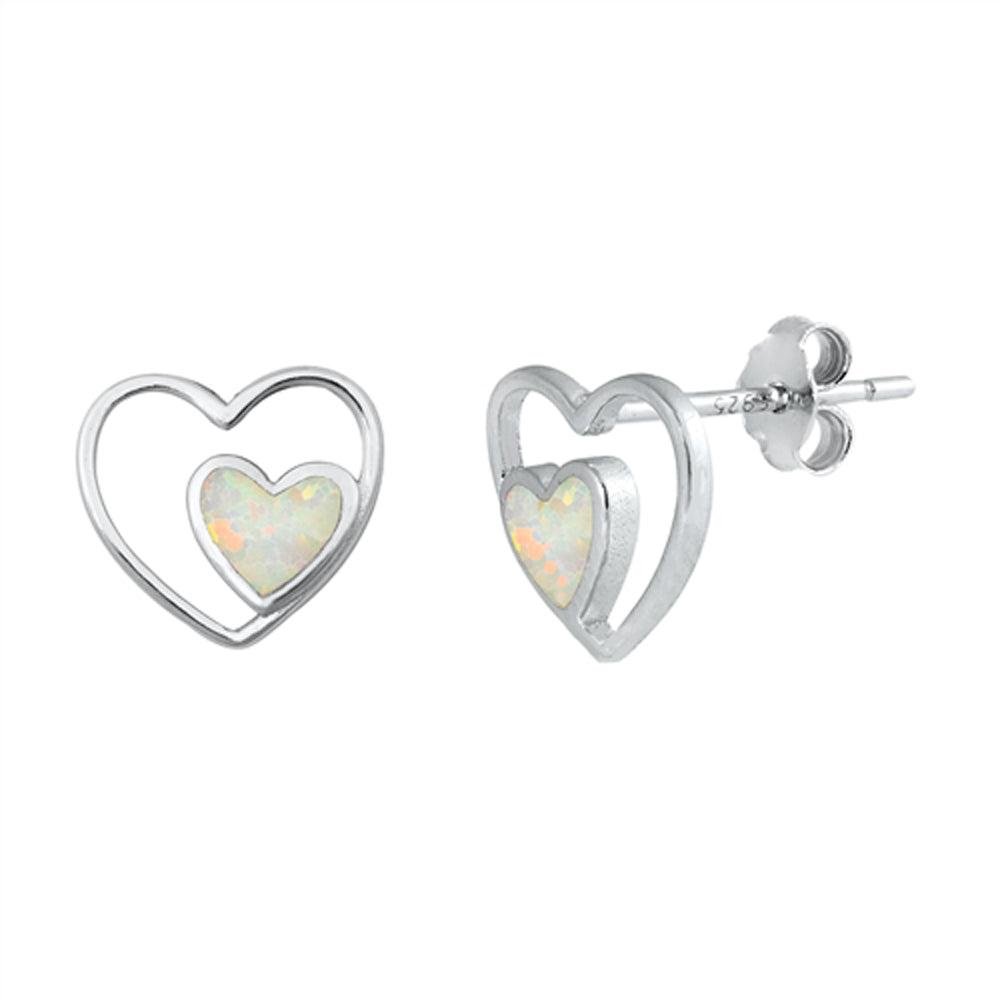 Sterling Silver Promise Heart Love Simple Earrings White Synthetic Opal 925 New