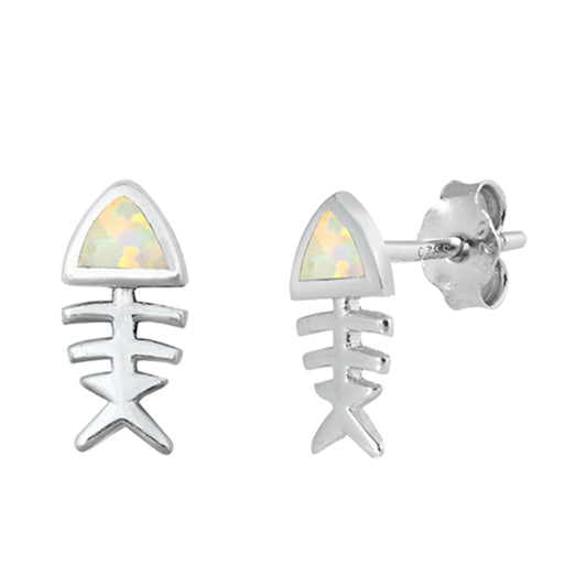 Sterling Silver Dead Fish Skeleton Animal Bones Earrings White Synthetic Opal