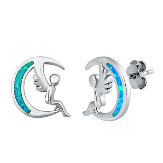 Sterling Silver Angel Moon Fairy Cute Celestial Earrings Blue Synthetic Opal 925