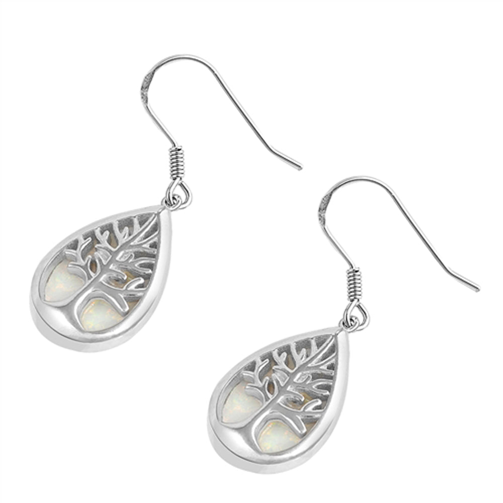 Sterling Silver Tree of Life Teardrop Pendant Earrings White Synthetic Opal 925