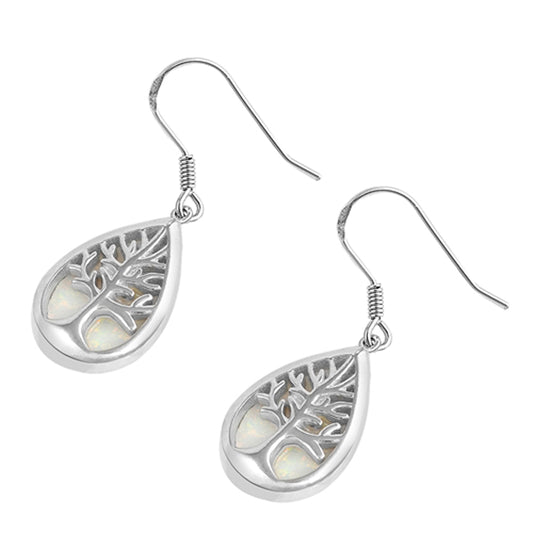 Sterling Silver Tree of Life Teardrop Pendant Earrings White Synthetic Opal 925