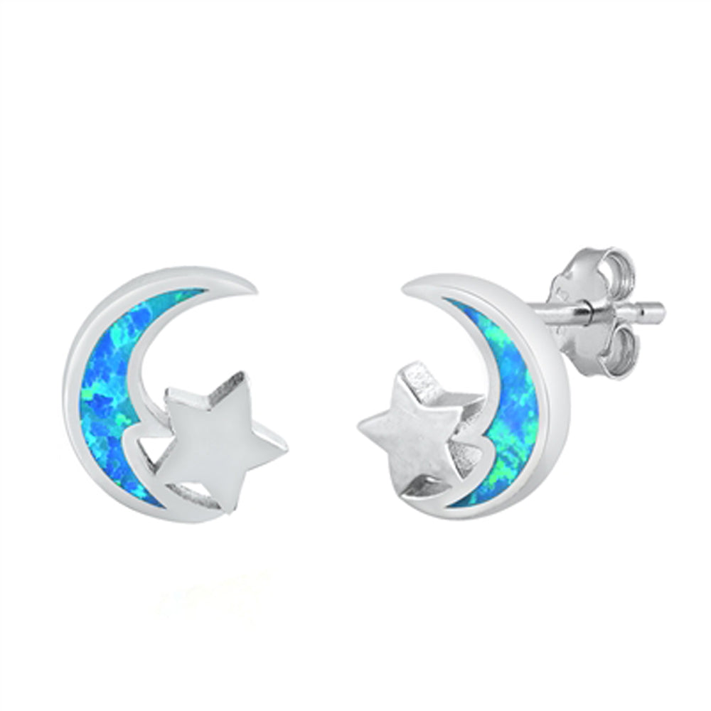 Sterling Silver Crescent Moon Star High Polish Earrings Blue Synthetic Opal 925