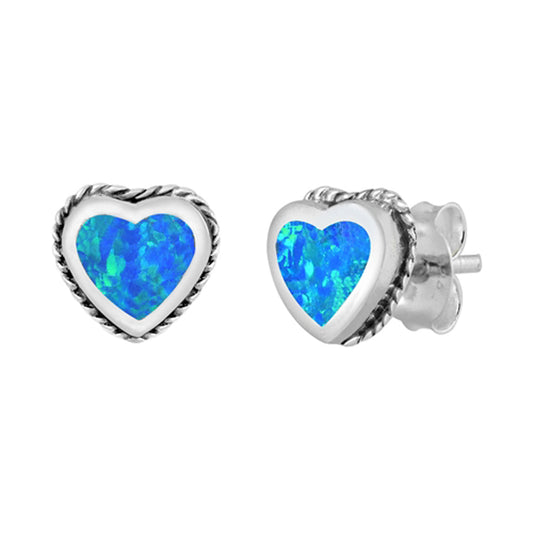 Sterling Silver Boho Cute Heart Love Rope Halo Earrings Blue Synthetic Opal 925