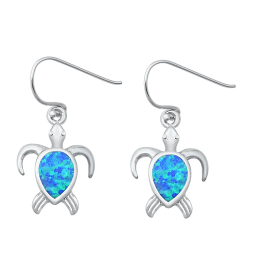 Sterling Silver Simple Turtle Animal Ocean Swim Earrings Blue Synthetic Opal 925