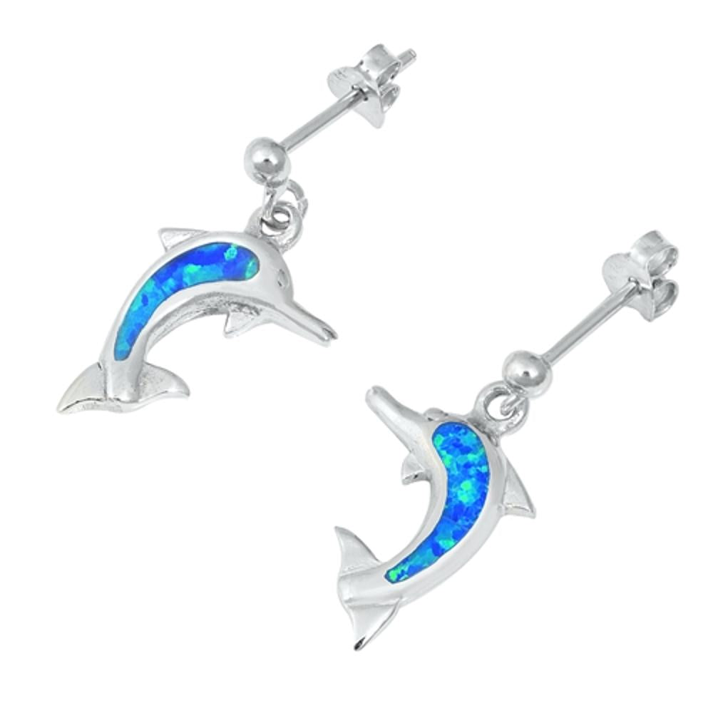 Sterling Silver Beautiful Blue Synthetic Opal Dolphin Beach Earrings .925 New