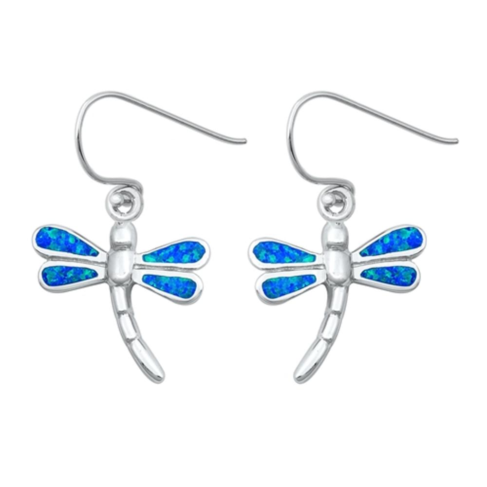 Sterling Silver High Polished Cute Blue Opal Dragonfly Hook Earrings 925 New