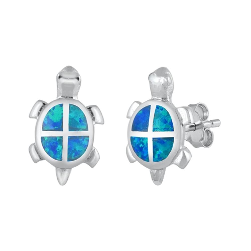 Sterling Silver Beautiful Blue Synthetic Opal Turtle Stud Earrings .925 New