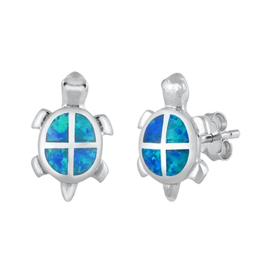 Sterling Silver Beautiful Blue Synthetic Opal Turtle Stud Earrings .925 New