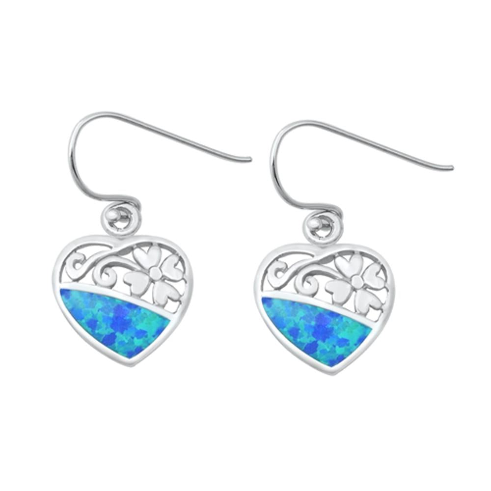 Sterling Silver Blue Opal Heart & Flower Celtic Dangle Post Earrings 925 New