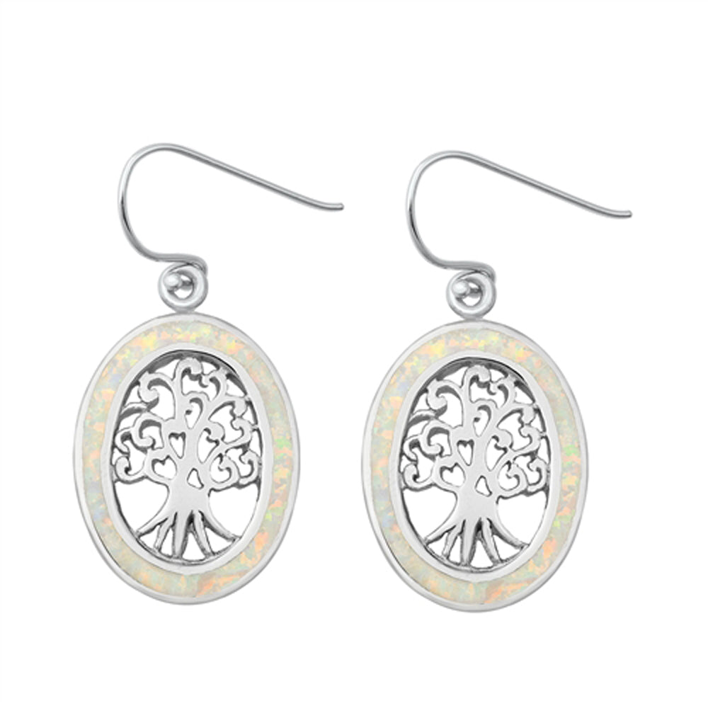 Sterling Silver Oval Tree of Life Swirl Branch Earrings White Synthetic Opal 925