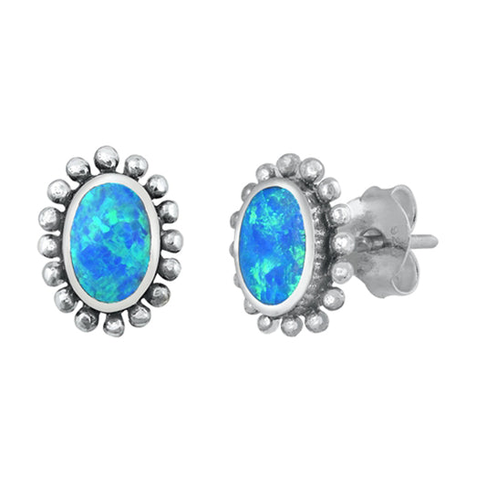 Sterling Silver Simple Flower Edge Boho Bali Style Earrings Blue Synthetic Opal