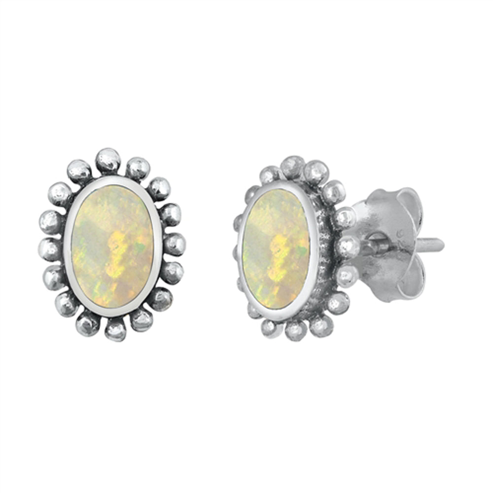 Sterling Silver Boho Flower Oval Bali Style Halo Earrings White Synthetic Opal