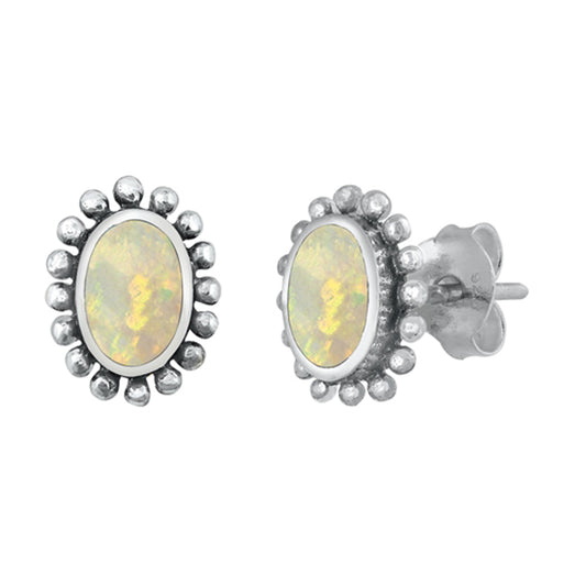 Sterling Silver Boho Flower Oval Bali Style Halo Earrings White Synthetic Opal