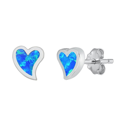 Sterling Silver Cute Blue Synthetic Opal Heart Stud Earrings 925 New