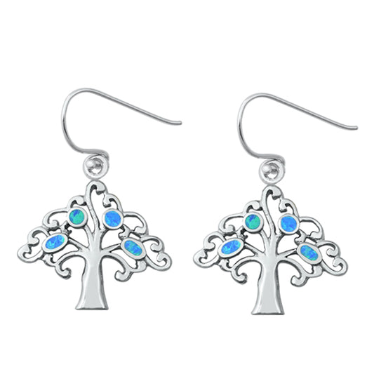 Sterling Silver Tree of Life Leaf Swirl Open Nature Earrings Blue Synthetic Opal