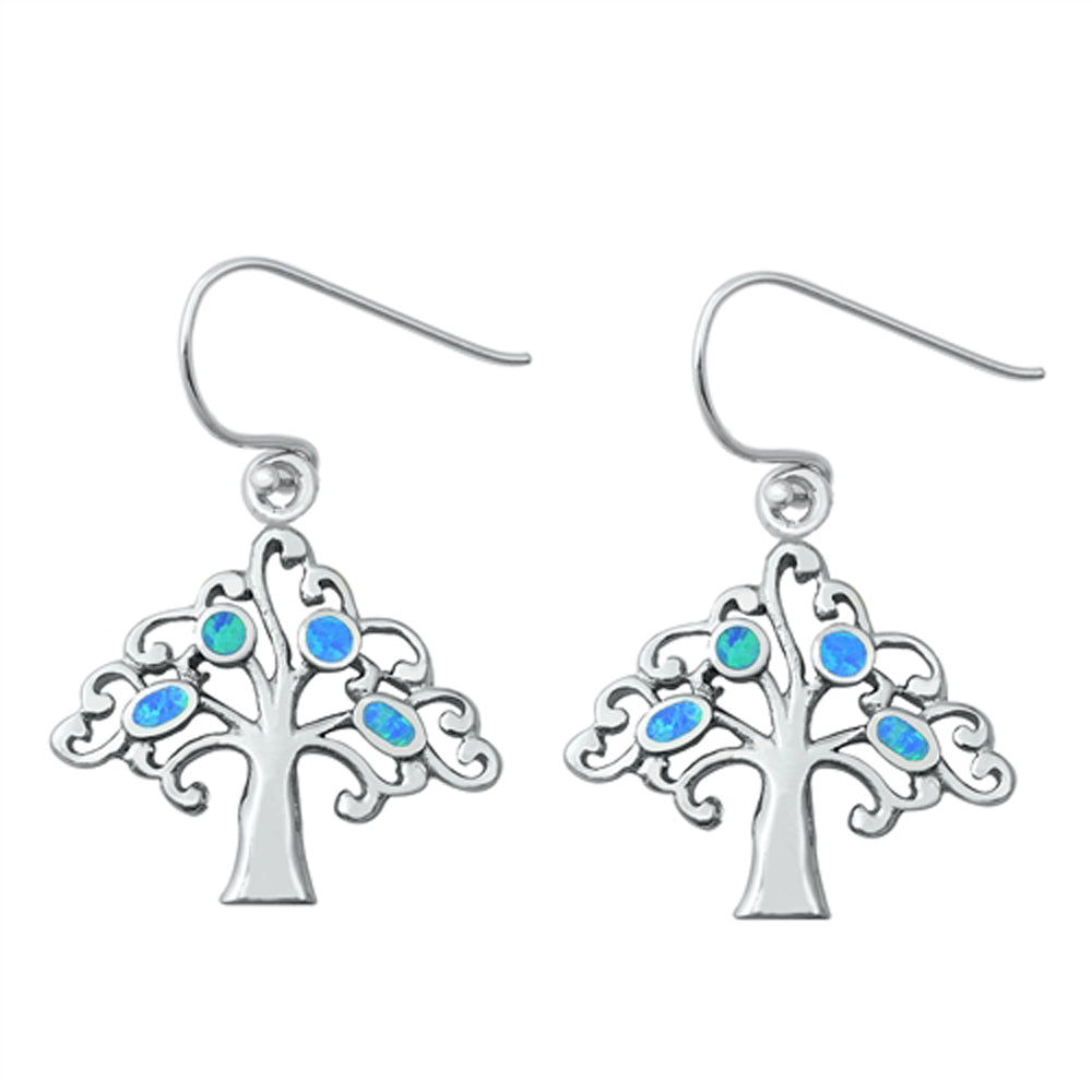 Sterling Silver Tree of Life Leaf Swirl Open Nature Earrings Blue Synthetic Opal