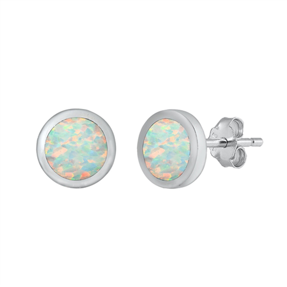 Sterling Silver Simple Circle Round Classic Earrings White Synthetic Opal 925